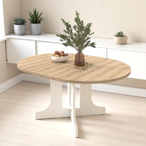Dining Table for Kitchen, 59x43 Inch Expandable Oval Table with Removable Leaf, Trestle X-Shaped Base, Seats 6, Laminated MDF Top, for Kitchen - 1 of 4