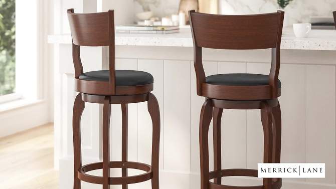 Merrick Lane 30" Classic Wooden Open Back Swivel Bar Height Pub Stool with Upholstered Padded Seat and Integrated Footrest, 2 of 13, play video