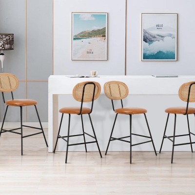 FONTOI Counter Stools Set of 4 with Rattan Backrest, Metal Bar Stools for Kitchen Island Home, Brown, 17.9"*36.8"*19.1"