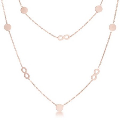 Krystal Double Layer Infinity and Disc Necklace – Rose Gold Stainless Steel Station Chain with Minimalist Symbolic Accents
