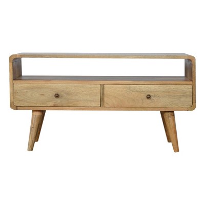 35" Solid Mango Wood TV Stand Curved Media Unit with 2 Drawers, Open Slot, and Nordic Legs for Living Room and Bedroom