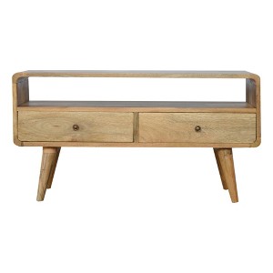 35" Solid Mango Wood TV Stand Curved Media Unit with 2 Drawers, Open Slot, and Nordic Legs for Living Room and Bedroom - 1 of 4