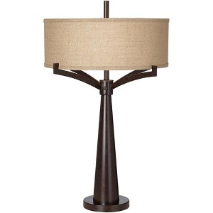 Franklin Iron Works Tremont Industrial Table Lamps 31 1/2" Tall Bronze Metal with Dimmer Burlap Fabric Drum Shade for Living Room Nightstand - 1 of 4