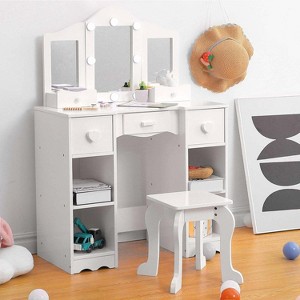 GustoWave Girls Vanity Table with Tri-Folding Mirror, Light,Stool & Drawer, 2 in 1 Wooden Makeup Desk Dressing Table, Pretend Play Vanity Set for Kids - 1 of 4