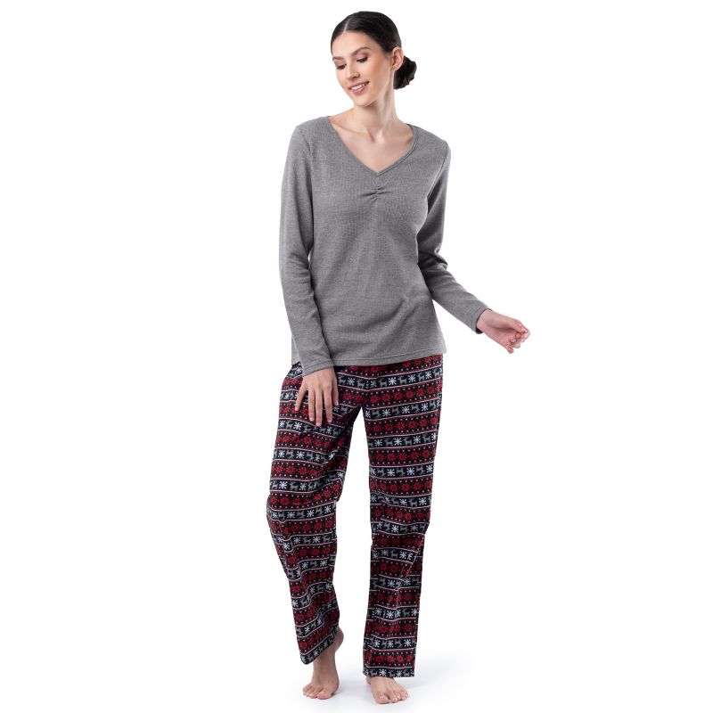 Fruit of the Loom Women's Long Sleeve V-Neck Waffle Top and Flannel Bottom Pajama Set, 2 of 5