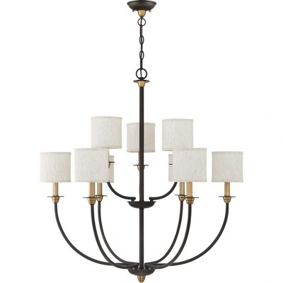 Audley 33" Bronze Drum Chandelier with Linen Shades