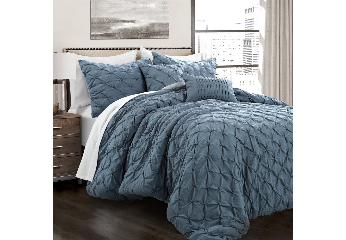 Постельное бельё Lush Decor Ravello Pintuck Comforter Stormy Blue - 5 Piece Bedding Set - Full / Queen, цвет: Синий — фото 2
