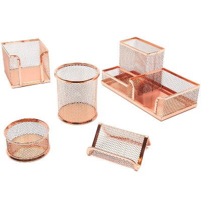 Paper Junkie 5 Piece Rose Gold Mesh Desk Organizer Office Décor Set Shiny and Elegant Home Desktop Organization Pen Case Sticky Note Holder Tray