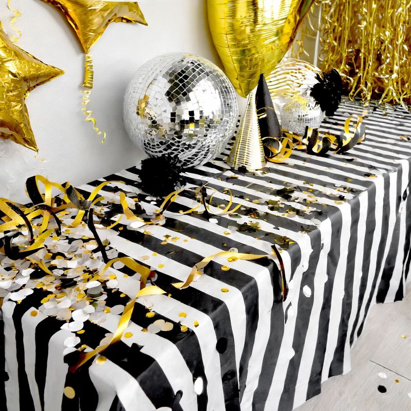 Sparkle and Bash 3 Pack Black and White Striped Tablecloth, 9 ft Table Cover for Birthday, Graduation Party Table Decorations, 54x108 In, 3 of 8