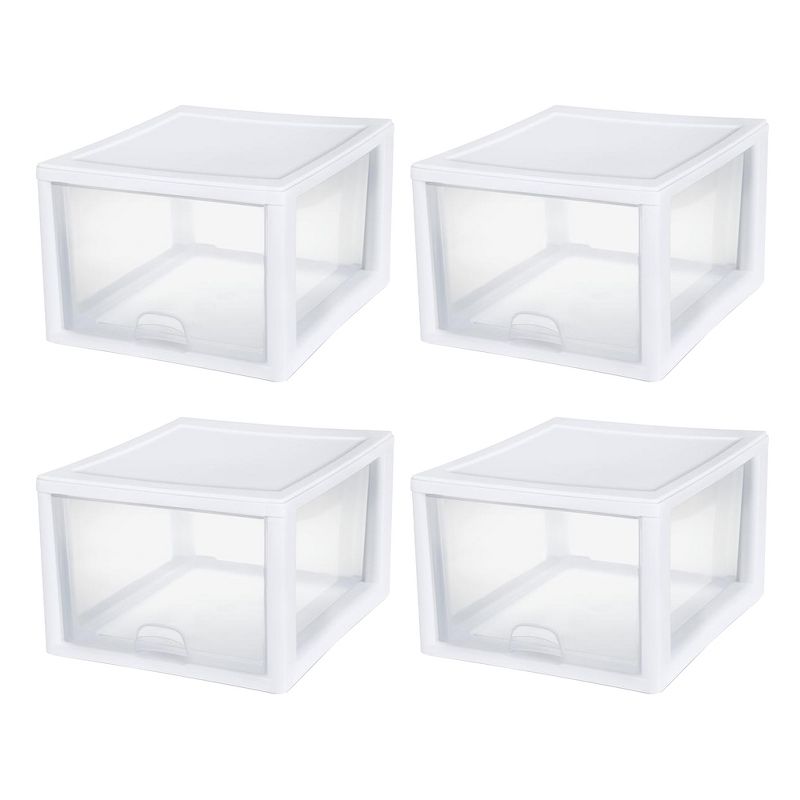 Sterilite 27 Quart Plastic Stackable Storage Container Bin w/Built-in Handles and Removable Lids, Clear Base w/White Frame, 1 of 8