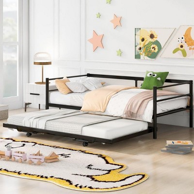 Streamdale Twin Size Metal Daybed with Adjustable Trundle, Pop Up Trundle, Black