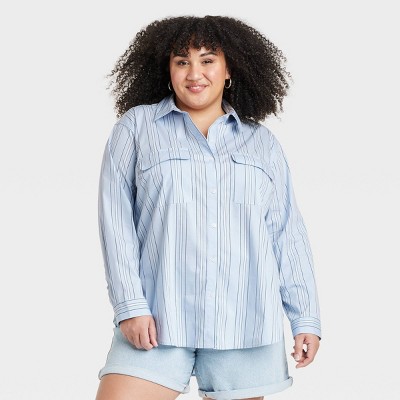 Women's Long Sleeve Relaxed Button-Down Shirt - Ava & Viv™ Blue Striped 4X