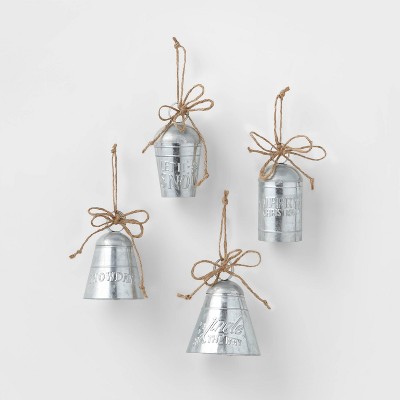 4pk 4in Metal Bell with Embossed Print Christmas Tree Ornaments - Wondershop™