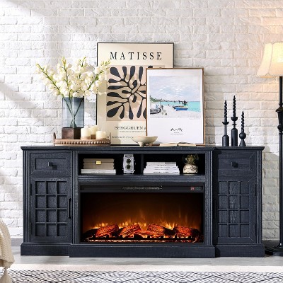 SinCiDo 70" Farmhouse Fireplace TV Stand, for 80" TV, w/ 36" Electric Fireplace, w/ Remote Control & 3D Flame, 2 Drawers, Adjustable Partition