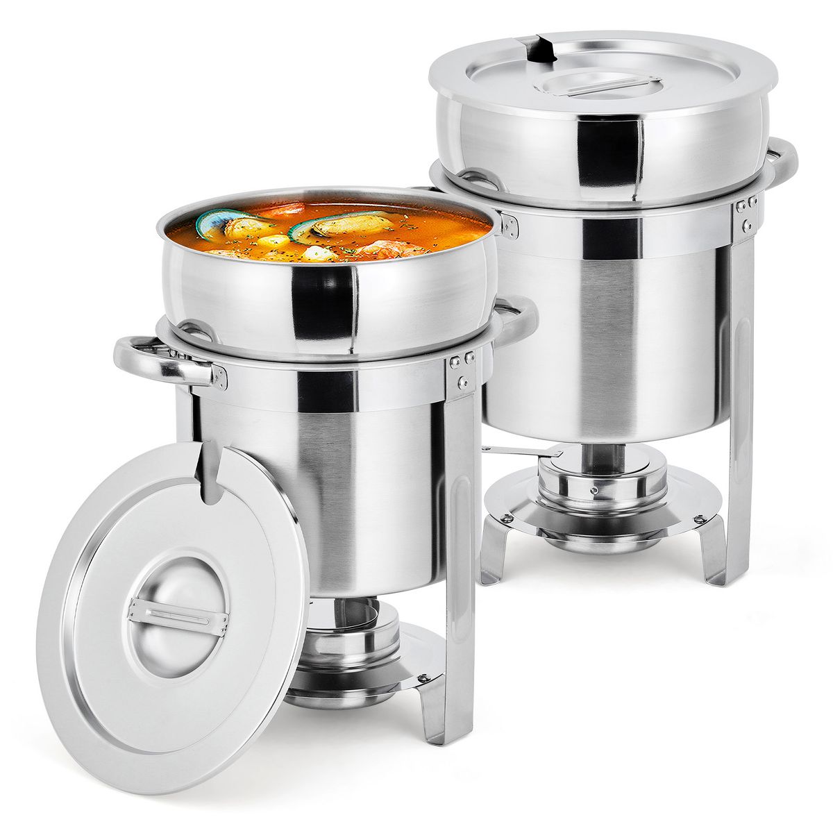 7QT Commercial Soup Chafer Set, Stainless Steel Round Food Warmers with Pots, Notched Lids & Fuel Holders for Large Banquet Service & Buffet Catering