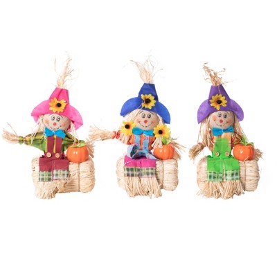 Gardenised Outdoor Fall Decor Halloween Scarecrow for Garden Ornament Sitting on Hay Bale, Straw Multicolor, Set of 3, 12 in.
