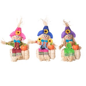 Gardenised 12 Inch Sitting on Straw and Hay Bales Multicolor Trio Scarecrows for Halloween, Fall and All Time Season Garden Decor - 1 of 4