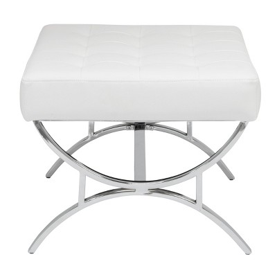 White Tufted Bonded Leather Ottoman with Chrome Frame