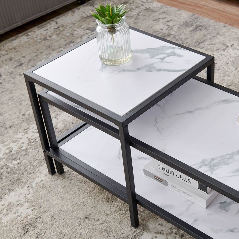 Modern Nesting Coffee Table, Black Metal Frame, Wooden Marble Color Top - ModernLuxe, 5 of 10