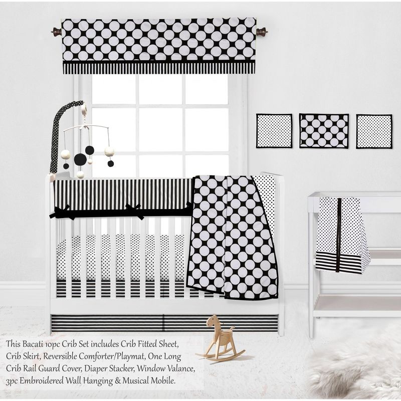 Bacati - Dots Stripes Black/White 10 pc Crib Bedding Set with Long Rail Guard Cover, 5 of 13