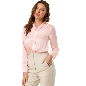 INSPIRE CHIC Women's Elegant V Neck Long Sleeve Office Work Satin Shirt - 1 of 4