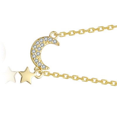Guili 14K Gold Plated Moon and Star Pendant Necklace with Clear Cubic Zirconia Adds a Celestial Sparkle for a Dreamy, Elegant Everyday Accent