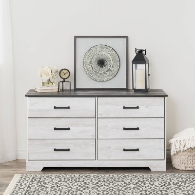 Washed White Farmhouse 6-Drawer Dresser with Soft Close