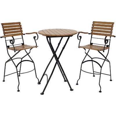Sunnydaze Outdoor Deluxe European Chestnut Wood Folding Patio Table and Bar Chairs Set - Brown - 3pc