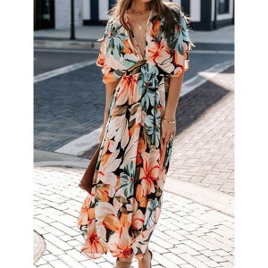 Coolmee Women's Boho Floral Print Dress V Neck Beach Party Flowy Ruffle  Wedding Guest Midi Dress - 1 of 4