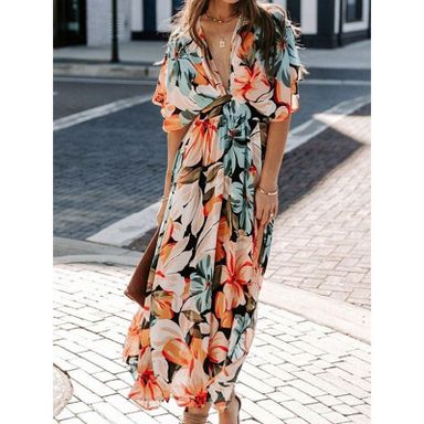 Coolmee Women's Boho Floral Print Dress V Neck Beach Party Flowy Ruffle  Wedding Guest Midi Dress Orange L : Target