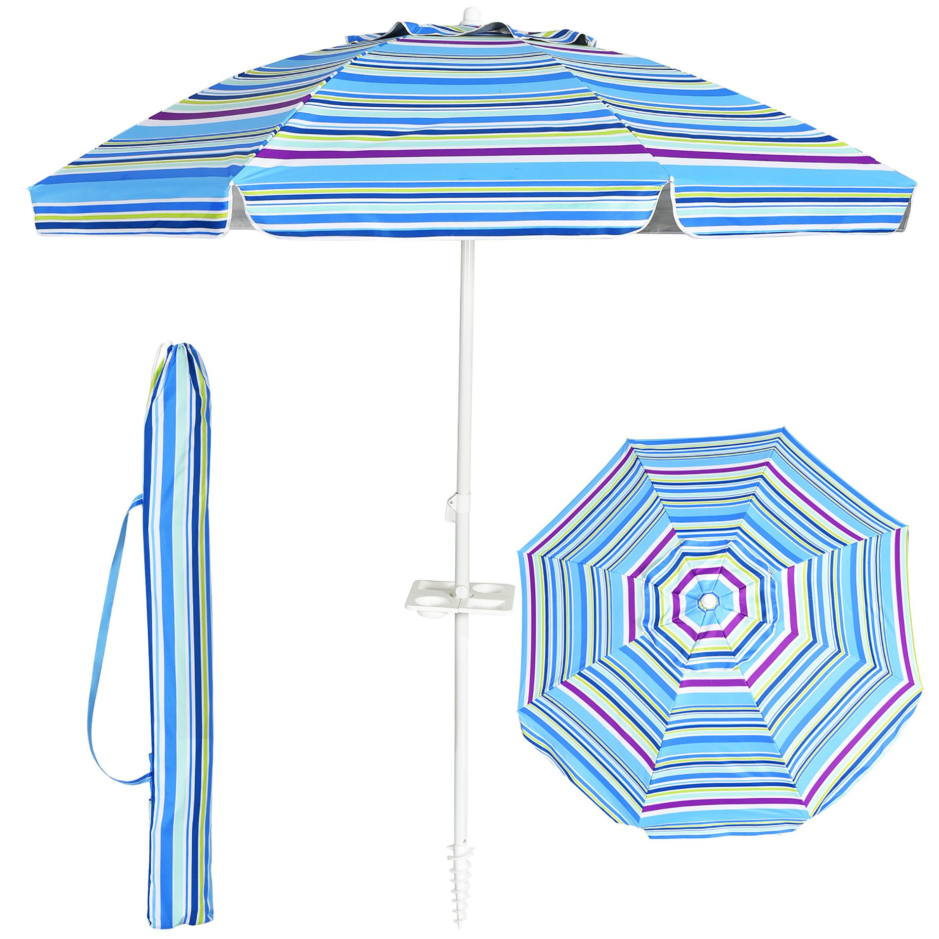 Costway 7.2 FT Portable Beach Umbrella Tilt Sand Anchor Cup Holder W/Carry Bag Blue