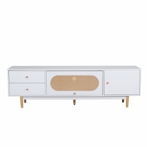 Gulches 70 in White Rectangular Particle Board MDF Pine Wood Console Table with 2 Drawers 2 Doors Flip-Up Compartment Adjustable Shelf Rattan Accents - 1 of 4