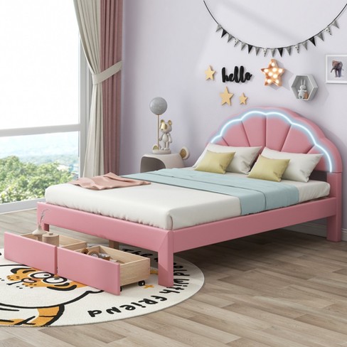 Queen Size Upholstered Platform Bed With Seashell Shaped Headboard, Led ...