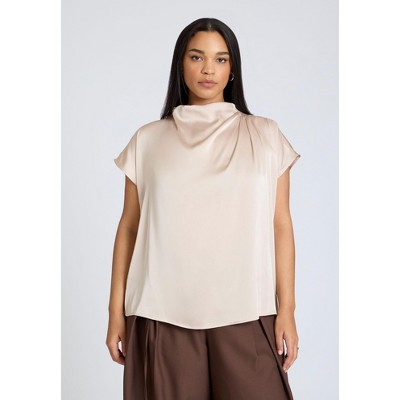 ELOQUII Women's Plus Size Pleat Detail Satin Shirt - 28, Dew