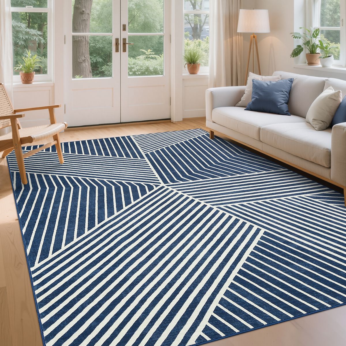 Modern Rug for Living Room Geometric Striped Floor Mat with Non-Slip Backing, Foldable Ultra-Thin Bedroom Carpet, Non-Shedding Low Pile Indoor Carpet - thumbnail 3