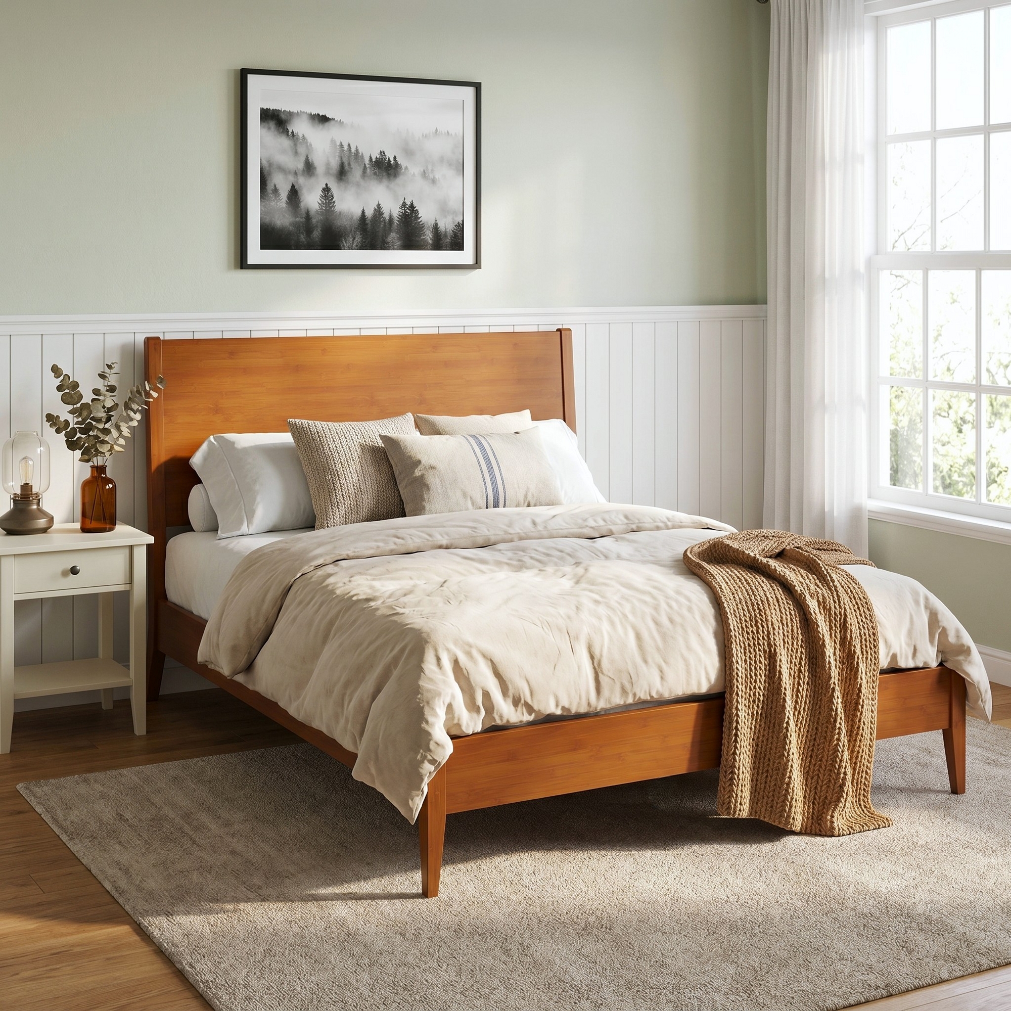 Christopher Knight Home Oreus Mid-Century Modern Bamboo Platform Bed with Headboard, Walnut, Queen