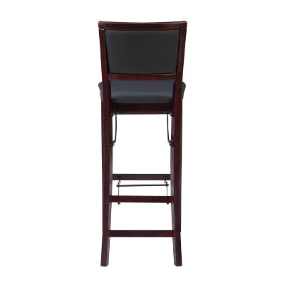30" Espresso Brown Faux Leather Folding Bar Stool with Merlot Wood Frame