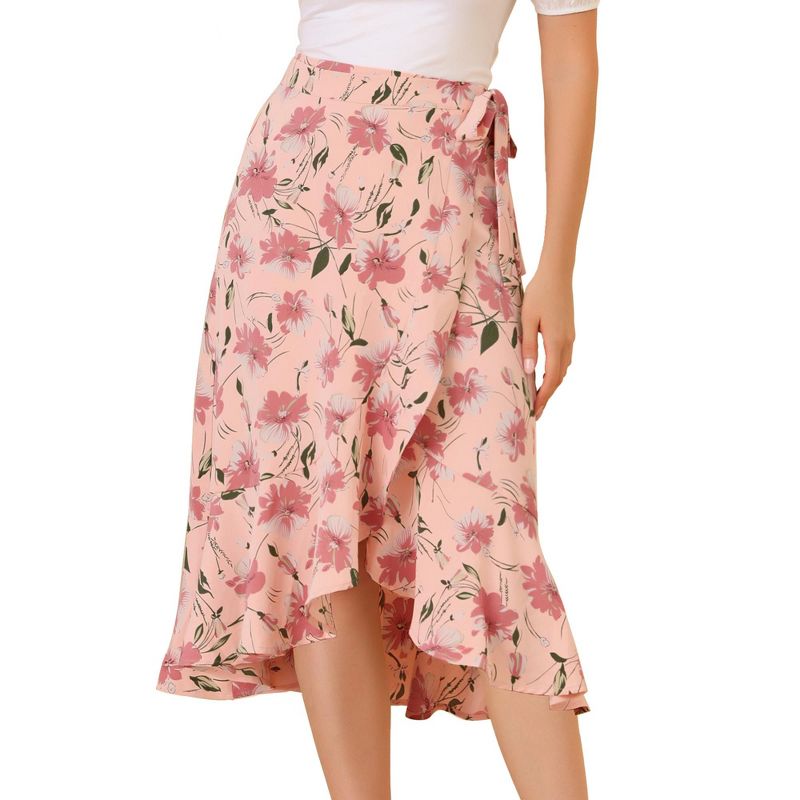 Allegra K Women's Floral Asymmetrical Ruffle Tie Waist Midi Wrap Skirts, 1 of 6