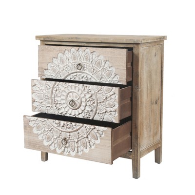 Whitewashed Carved Medallion 3-Drawer Accent Chest in Natural Wood