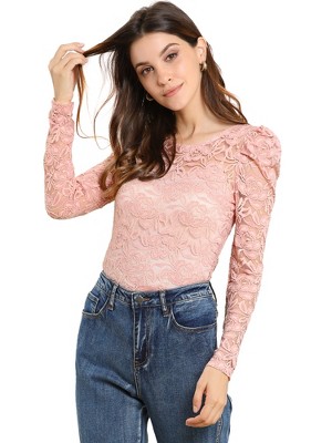 INSPIRE CHIC Women's Vintage Semi-Sheer Puff Long Sleeve Embroidery Lace Floral Blouse