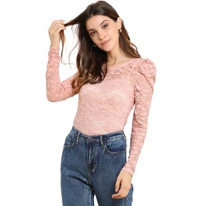 INSPIRE CHIC Women's Vintage Semi-Sheer Puff Long Sleeve Embroidery Lace Floral Blouse - 1 of 4