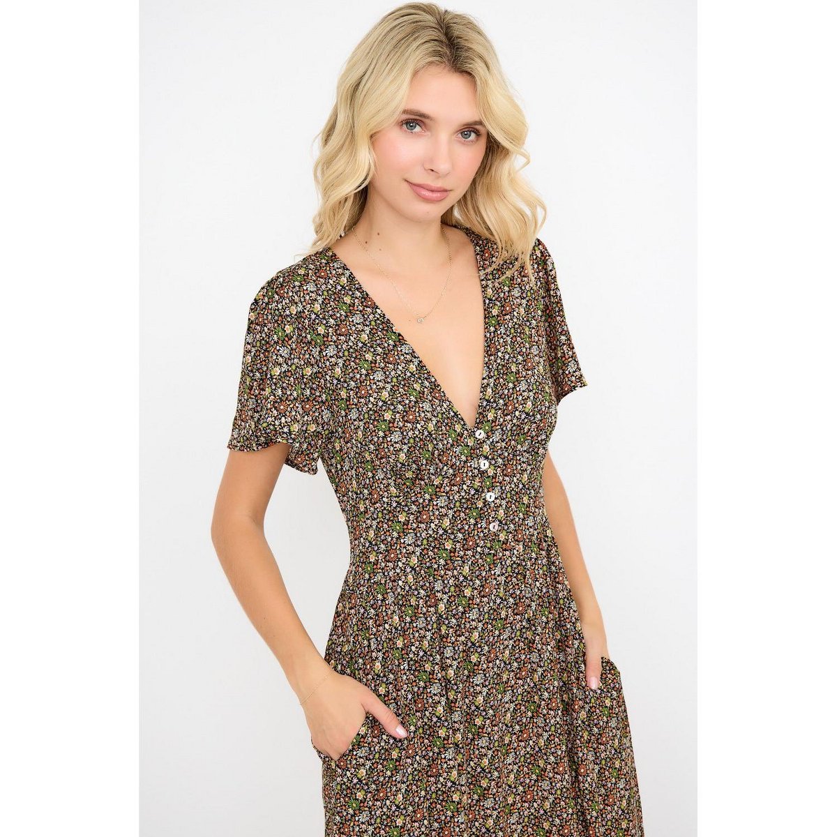 Женские платья West K Ingrid Flutter Sleeve Gauze Midi Dress - Xsmall - Black Orange Ditzy — фото 4