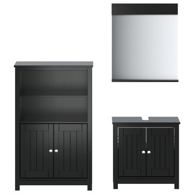 vidaXL Berg 3 Piece Bathroom Furniture Set in Black Solid Pine Wood Including Sink Cabinet, Standing Cabinet and Mirror