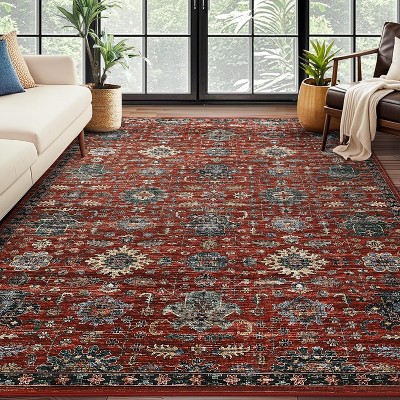 Area Rug Washable, Soft Vintage Non-Slip Rug for Living Room Boho Low Pile Large Bedroom Rug, Farmhouse Indoor Floor Carpet Rugs
