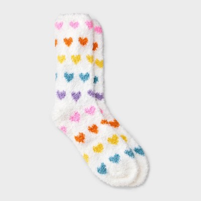 Women's Rainbow Hearts Valentine's Day Cozy Crew Socks - Cream 4-10