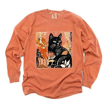 Simply Sage Market Black Cat Fall Leaves Distressed Garment Dyed Long Sleeve