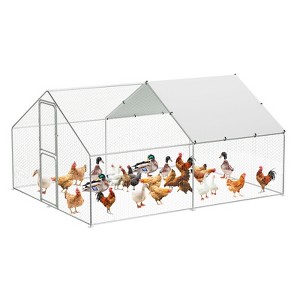 Large Metal Chicken Coop, Walk in Poultry Cage with Waterproof Cover, Spire Roof Chicken Run, Hen Rabbit Duck House, 9.8' W x 6.5' D x 6.5' H - 1 of 4