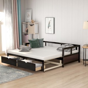 PAGED Twin Daybed Extending Wooden Bed Frame Modern Sofa Bed with Trundle and 2 Drawers for Living Room - 1 of 4
