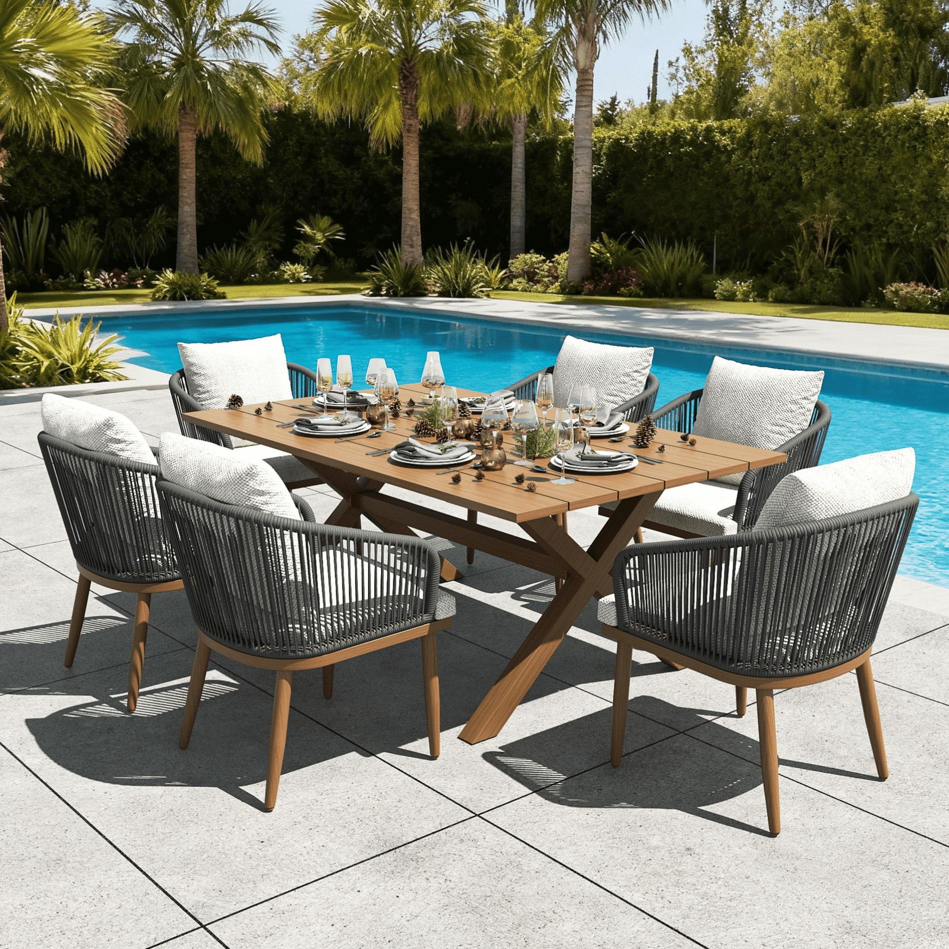 LayinSun 7 Pieces Outdoor Patio Dining Set with Aluminium Rectangular Dining Table and Wicker Rattan Chairs Set