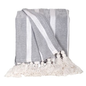 HomeRoots 50" X 60" Gray and White Woven Cotton Striped Throw Blanket with Tassels - 1 of 4